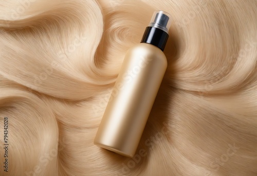 Top view of golden bottle of cosmetic product on light blonde curls. Hair coloring and salon professional care. Ai generation
