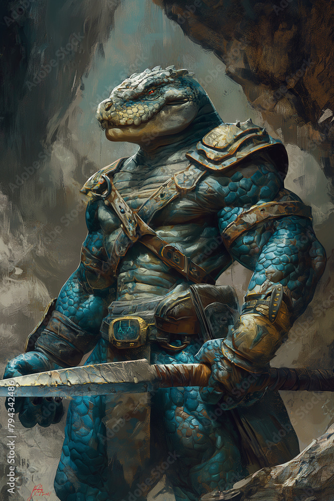 A muscular blue reptilian humanoid wearing armor and wielding a sword stands in a dark cave.