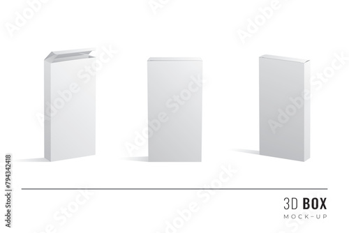 Packaging Quarter Length Double Height Box 3D Mockups Set of Isometric Open Closed and Frontal View Blank Templates - White Realistic Boxes on Similar Background - Graphic Design