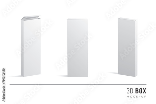 Packaging Quarter Length Triple Height Box 3D Mockups Set of Isometric Open Closed and Frontal View Blank Templates - White Realistic Boxes on Similar Background - Graphic Design