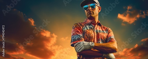 A man in a colorful shirt is swinging a golf club photo