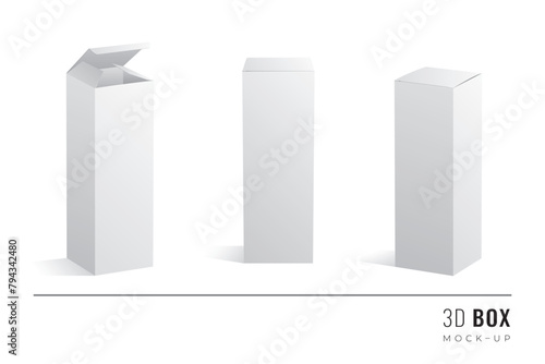 Packaging Triple Height Box 3D Mockups Set of Isometric Open Closed and Frontal View Blank Templates - White Realistic Boxes with Shadows on Similar Background - Gradient Graphic Design