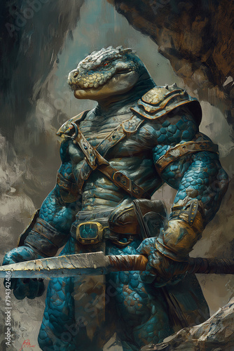 A muscular blue reptilian humanoid wearing armor and wielding a sword stands in a dark cave. photo