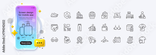 Buyer, Travel delay and Wallet line icons for web app. Phone mockup gradient screen. Pack of Discounts ribbon, Sale bags, Discounts offer pictogram icons. Vector