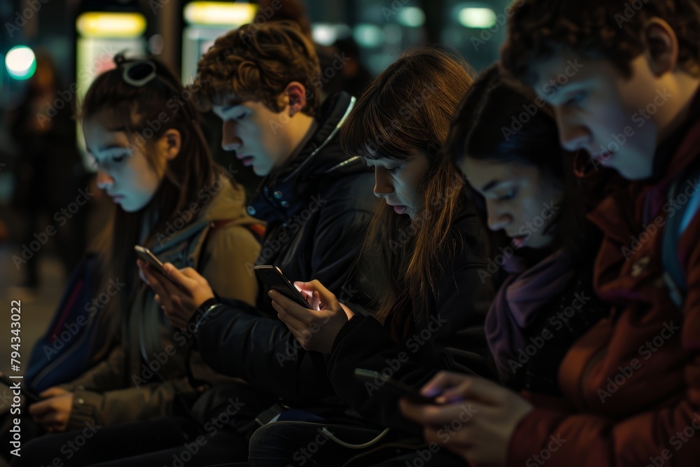 A showcasing teenagers deeply engrossed in their smartphones, depicting the prevalent dependency and reliance on mobile devices in modern society
