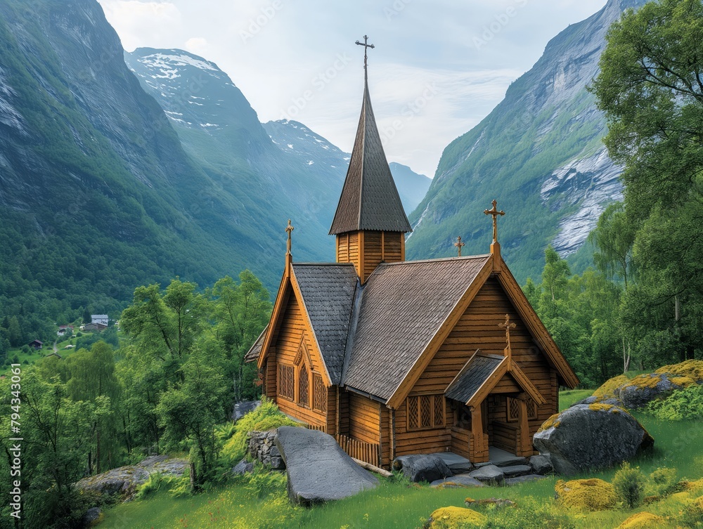 A small wooden church sits in a lush green valley, surrounded by mountains. The church is surrounded by a beautiful landscape, with trees and rocks in the background. Concept of peace and tranquility
