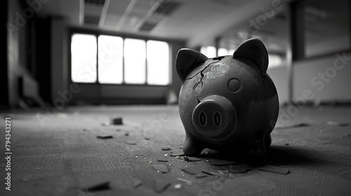 A cracked piggy bank in an empty black and white office representing falling investment. Concept of falling investment and loss of assets with a cracked piggy bank. photo