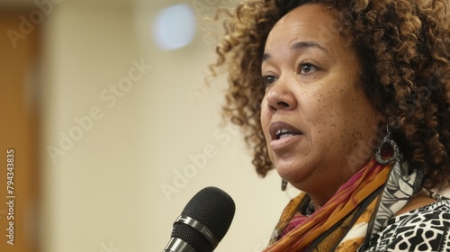 A photograph of a woman speaking at a community forum explaining the impact of discriminatory practices by law enforcement on communities of color and the need for accountability . photo