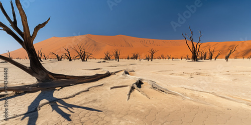 dried out oasis with dead trees in the desert photo