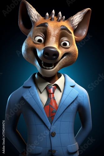 3D illustration of a smiling anthropomorphic fox wearing a blue suit and red tie, against a dark background. © CrispCut Studio