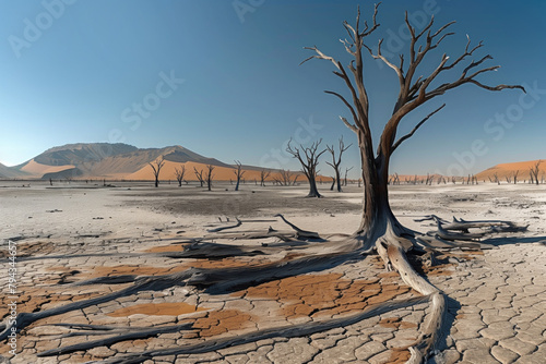 dry clay desert with dead trees photo