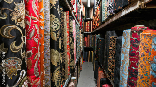 A row of colorful fabrics are displayed in a store © Art AI Gallery