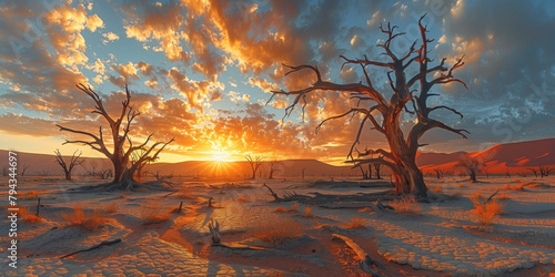 dead trees in a dried out oasis in the desert against the backdrop of the rising sun photo