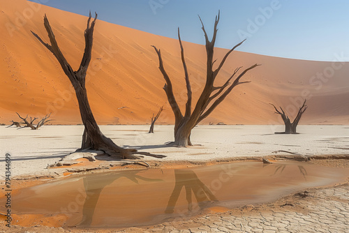 dried up dead swamp with dry trees in the desert in the middle of sand dunes