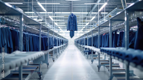 A large room with blue clothes hanging on racks