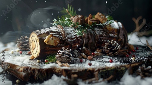Chocolate yule log christmas cake with christmas background, 16:9