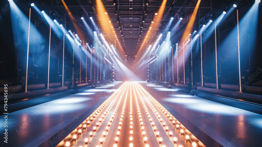 A runway with a bright orange and blue light show A runway with a bright orange and blue light show
