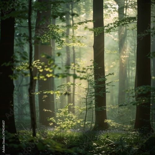 Morning Sunlight Casting Shadows in a Tranquil Forest.