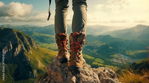 Female hiker legs with modern trekking and climbing boots on a rock in mountains.