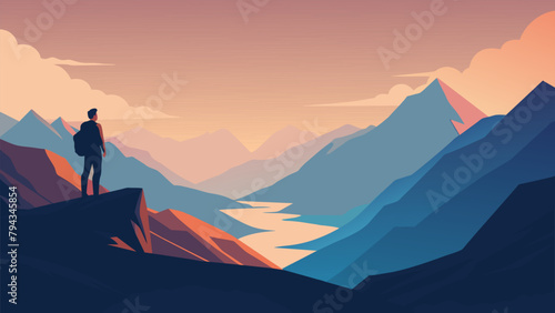 On a secluded mountaintop a solo trekker pauses to take in the breathtaking view before them. As they gaze out at the vast uncharted landscape photo