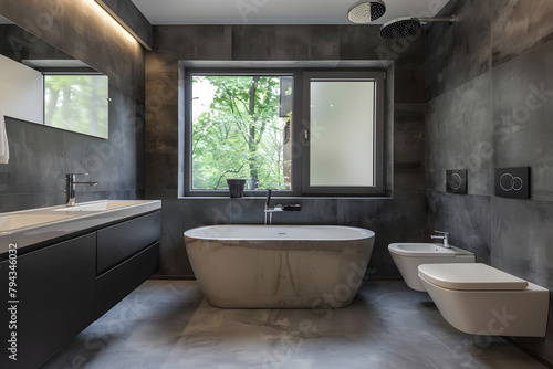 Contemporary modern bathroom interior in dark black colors and concrete elements.