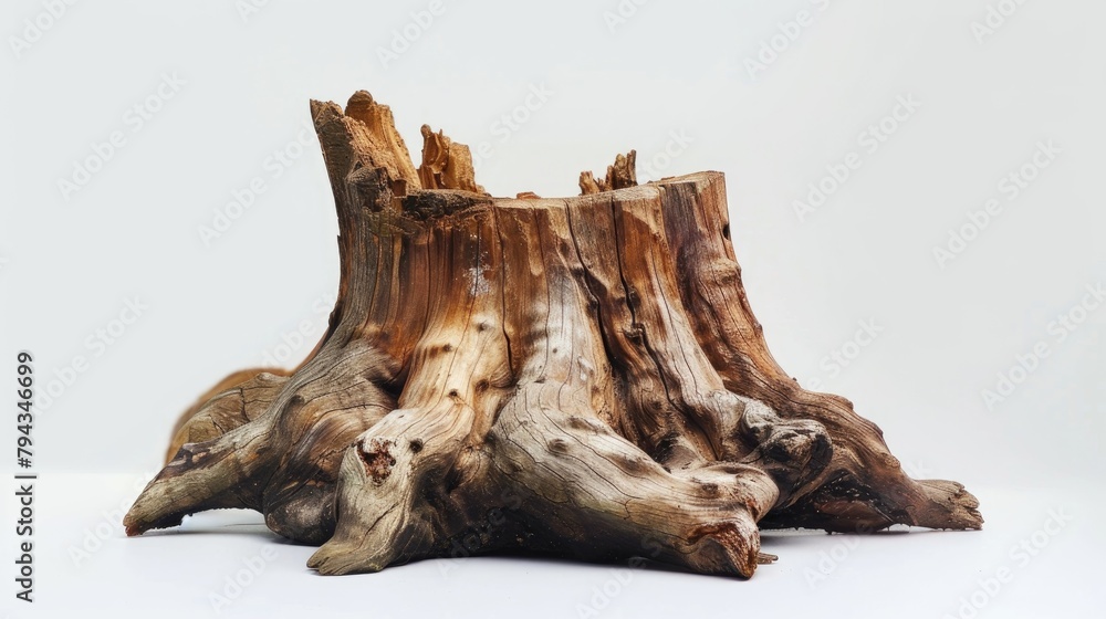Tree stump set against a white backdrop
