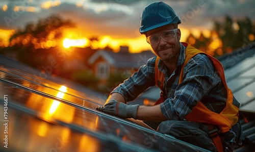 A solar power engineer installing the solar panels on the roof of a modern house