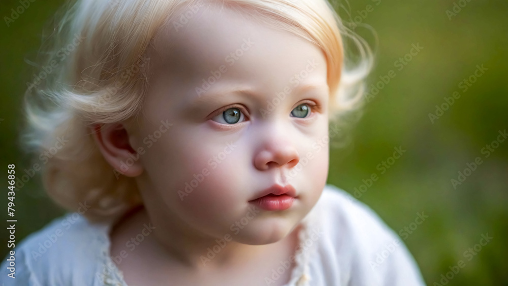 Close up portrait featuring adorable fair haired blond child on natural green blurred background, highlighting facial features. Cute baby face with free space. Kid, little child isolated Close up portrait featuring adorable fair haired blond child on natural green blurred background, highlighting facial features. Cute baby face with free space. Kid, little child isolated