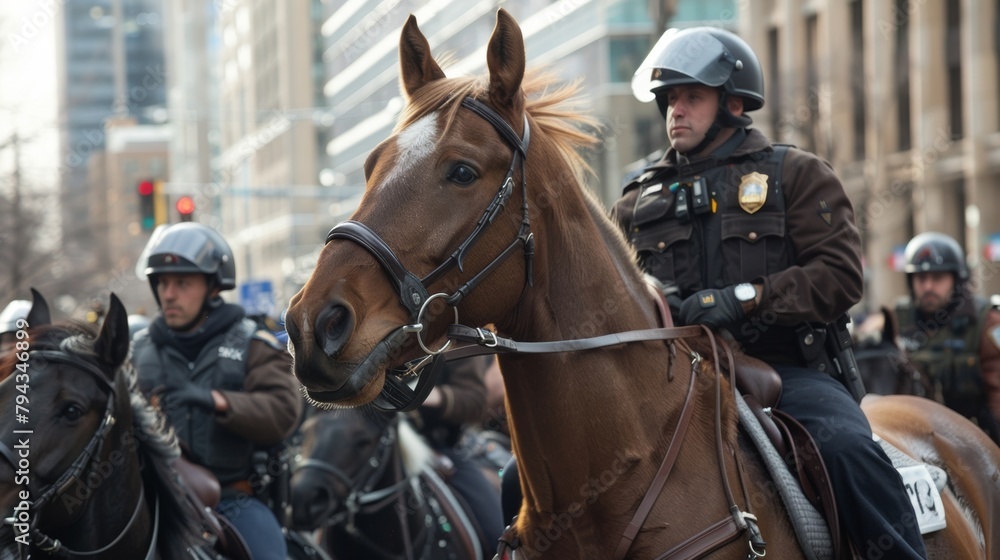 Obraz premium A police horse unit maneuvering away from a large crowd using their trained animals as a strategic tool for retreat. .