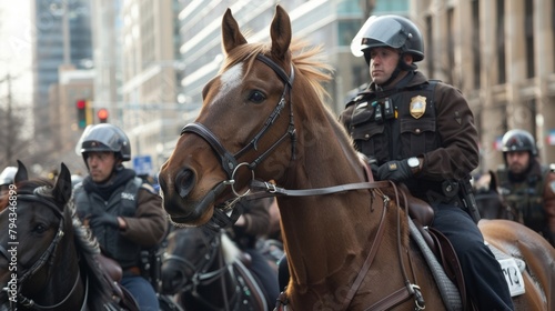 A police horse unit maneuvering away from a large crowd using their trained animals as a strategic tool for retreat. .