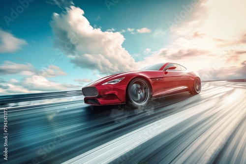 Red luxury super car racing at high speed on sunny day highway turn with motion blur effect