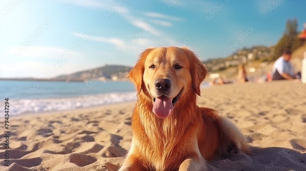 Golden Retriever dog is on summer vacation at seaside resort and relaxing rest on summer beach. Golden Retriever dog is on summer vacation at seaside resort and relaxing rest on summer beach.