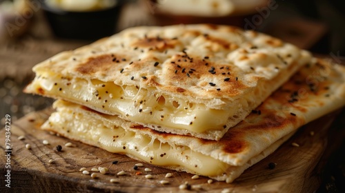 The cheese stick is flat, with pita bread and cheese inside.