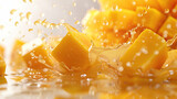 Pieces of fresh mango falling into juice on white background