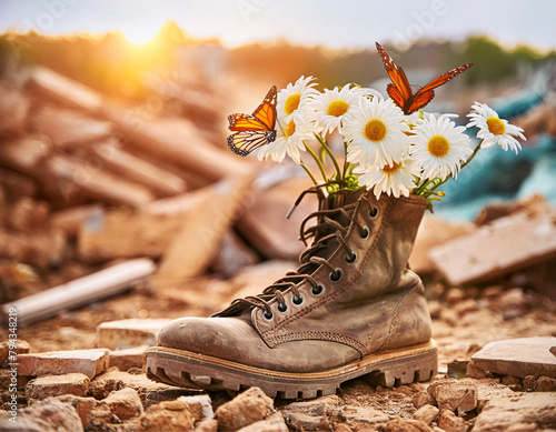 Um coturno militar com um buquê de margaridas brancas dentro, com algumas borboletas voando ao redor em um lugar desolado e com escombros. Conceito de esperança e recomeço.