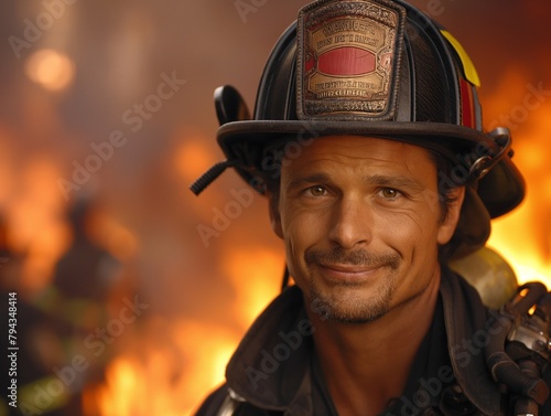 A firefighter with a red and yellow helmet is smiling. He is wearing a black jacket and a black hat