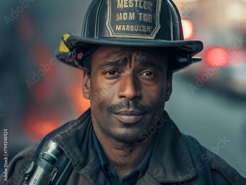 A man in a fireman's hat is looking at the camera. He is wearing a black jacket and a black hat
