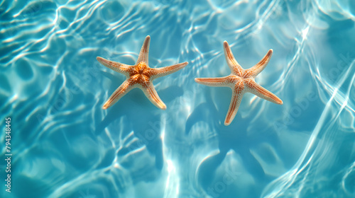 Abstract background blue water surface on the water two starfish