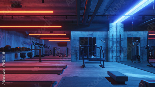 A neon lit gym with a row of treadmills and a bench