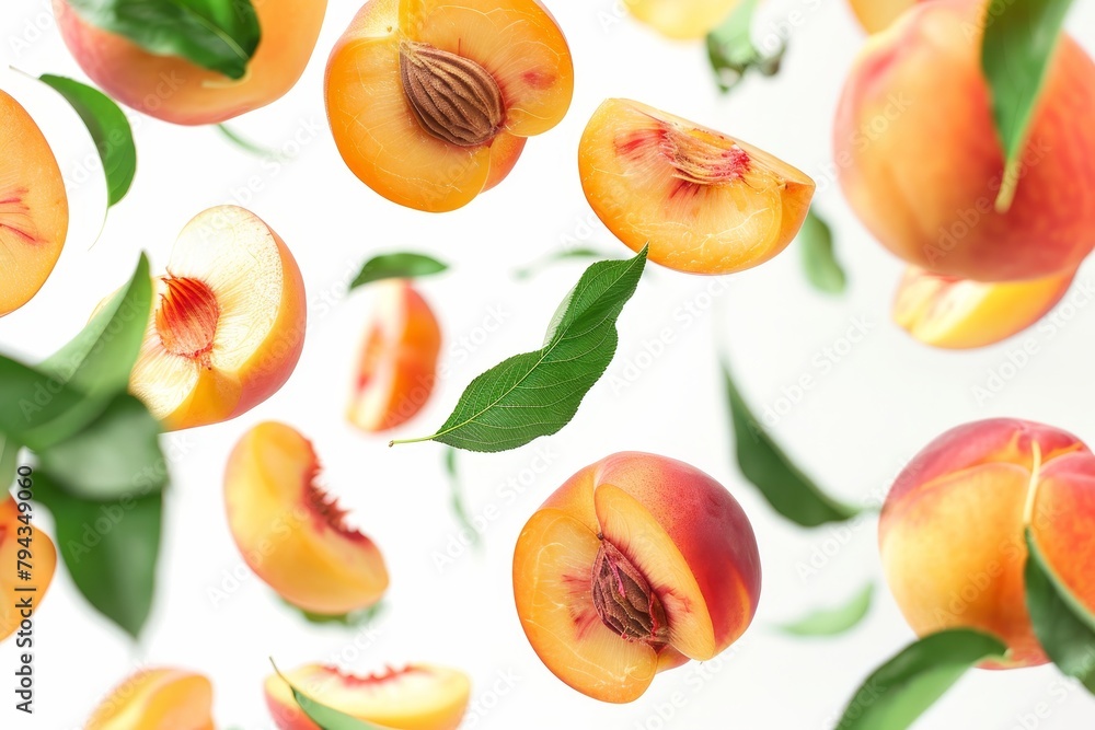 Ripe juicy peaches with green leaves on white background. Flying defocused peach slices Ripe juicy peaches with green leaves on white background. Flying defocused peach slices