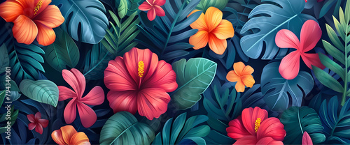 Colorful flowers and foliage create a vibrant pattern, perfect for spring and summer backgrounds and botanical designs. #794349081