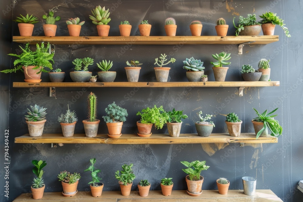 Beautiful wall decoration with lush green plants in stylish pots on elegant wooden shelves Beautiful wall decoration with lush green plants in stylish pots on elegant wooden shelves