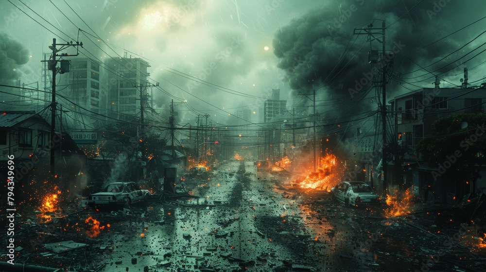 Dark, cinematic cityscape depicting devastation with fire and debris