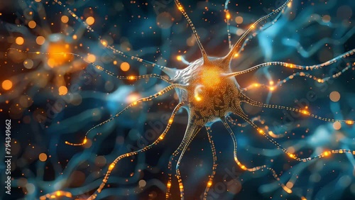 Microscopic image of a neuron with dendritic synapses and neurological electricity. Illustrating mind, science, neurology, and mental health concept in 3D animation photo