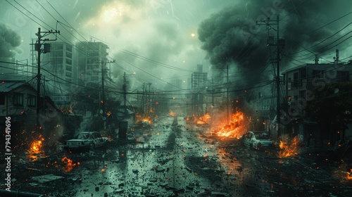 Dark, cinematic cityscape depicting devastation with fire and debris