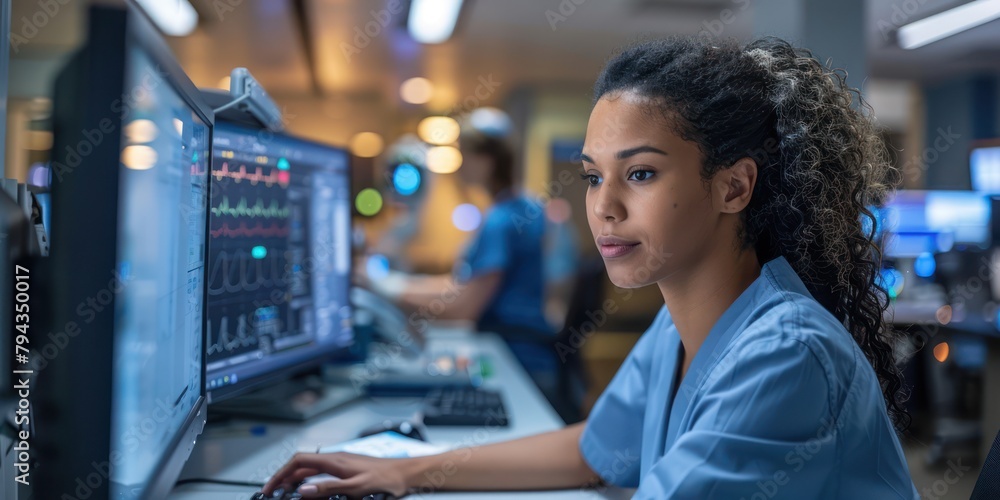 A nurse at a computer, updating electronic health records, captured in a close-up to highlight modern healthcare technology A nurse at a computer, updating electronic health records, captured in a close-up to highlight modern healthcare technology