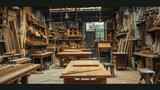 A wood shop with many tables and chairs