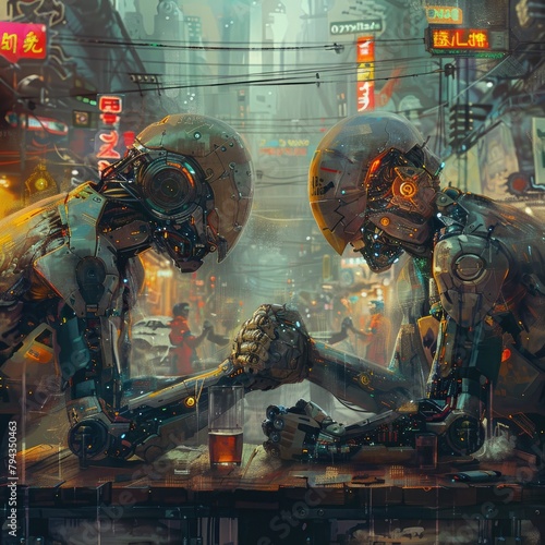 Cybernetic Showdown: Two Cyborg Arms Arm Wrestling in Cyberpunk Atmosphere