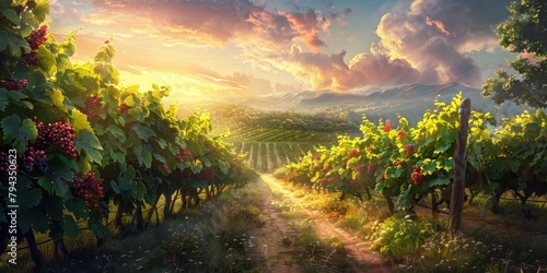 A leisurely stroll through the lush vineyards, soaking up the warm summer sun as you sip on a glass of red wine photo