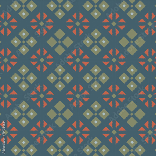 Traditional tile seamless pattern of geometric flowers in muted blue, green and red colors. Repeat rhombus mosaic in turkish style.